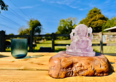 A translucent purple Ganesha statue on a natural wood stand sits on a wooden table outdoors, with green foliage and a blue sky in the backgr