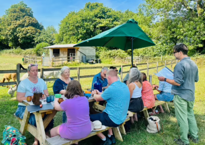 A diverse group of people enjoys a sunny outdoor gathering around a picnic table, with alpacas grazing in a fenced field nearby.